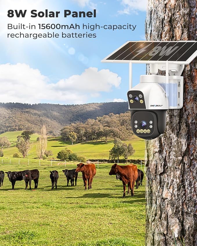 GENBOLT 4G AOV Cellular Solar Security Camera Outdoor Wireless, 7/24 Recording 3MP+3MP No WiFi IP Surveillance Camera with Sim Card, 8W 15600mAh Battery Operated LTE Camera CCTV