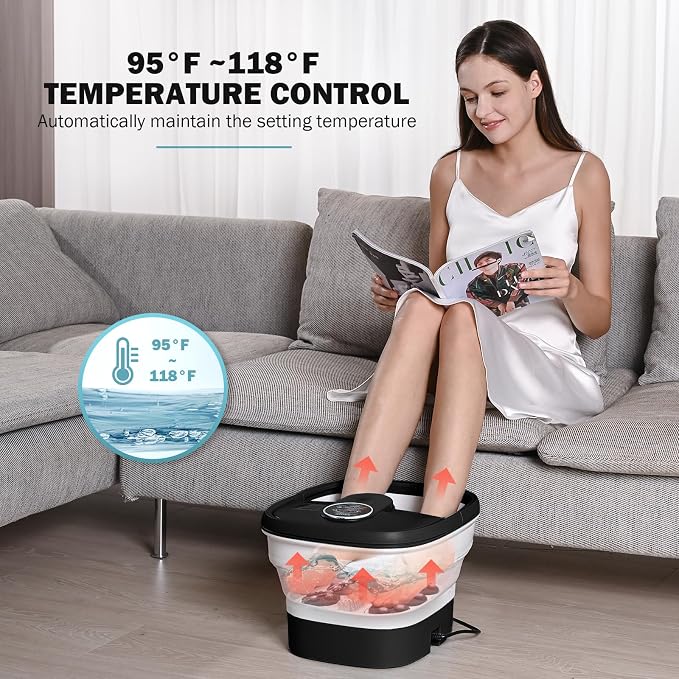 KNQZE Collapsible Foot Spa Electric Foot Bath with Heat, Bubble, Remote, 24 Motorized Shiatsu Massage Balls. Pedicure Soaking tub for Feet Stress Relax (Black)