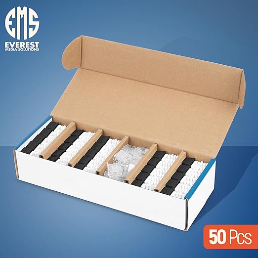 Everest 90° Angled RJ45 Cat6 Keystone Jacks 50-Pack in Black - Slim Profile Female RJ45 Connectors - Cat 6 Keystone Jack - Compatible with 90° Angled Speed Termination Tool - easyJACK (B094WB91H3)