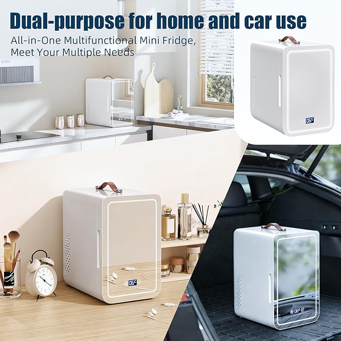 6L Mini Fridge with 3-Level Dimmable LED Mirror, Cooling & Warming, AC/DC Portable Skincare Fridge for Dorm, Car, Office
