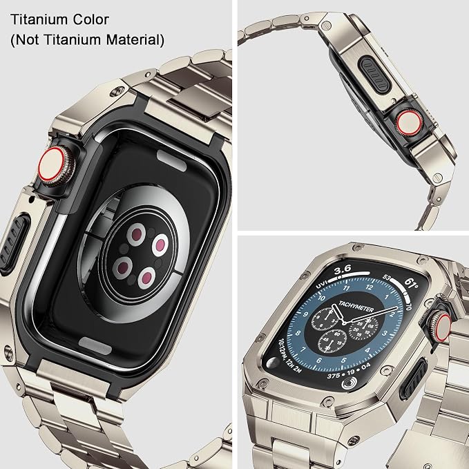BAITEYOU Stainless Steel Watch Band with Case Compatible with Apple Watch Series 9 8 7 45mm, Rugged Strap with Metal Protective Bumper Cover for iWatch Bands Men (Titanium Color)
