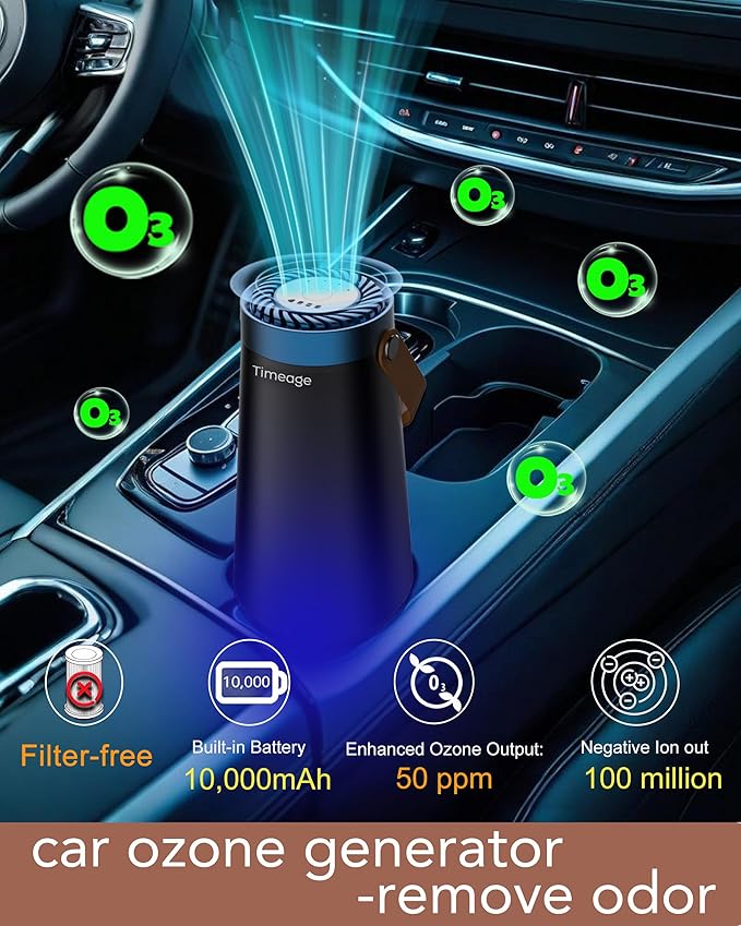 Ozone Generator for Car, 2-in-1 Ozone Machine+ Air Ionizer Purifier to Clean Pet Odor, Smoke Smell, Dust for Travel, Home, Deodorizer,Portable,Filterless, Rechargeable Blue