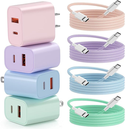 Fast Charger for iPhone 17 16, 4 Pack 20W Dual Port A/C Wall Charger Block for iPhone with 6FT USB C Fast Charging Cable Compatible for iPhone 17/16/15 Pro Max/Plus, for iPad Pro 12.9"/11"，iPad Air