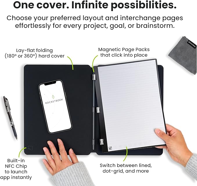 Rocketbook Pro Smart Reusable Notebook, Lined & Dotted Interchangeable Pages, For Work and Business Meetings, Executive 7x9, Green