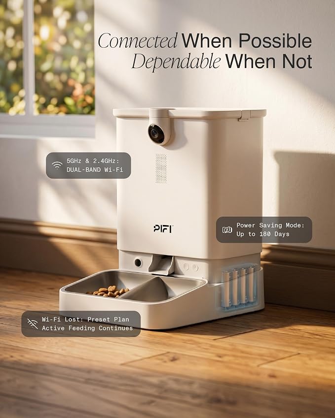 PiFi Automatic Cat Feeder with Camera for 3 Cats & Dogs, 6L Dual Dispenser, AI Recognition, 5GHz and 2.4GHz WiFi App Control, 1080p Dual Cameras, Night Vision, Two-Way Audio