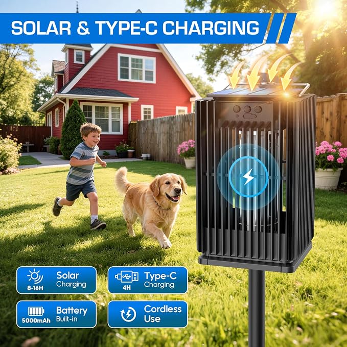 Solar Bug Zapper Outdoor, Waterproof Mosquito Zapper Type-C & Solar Powered, Auto On/Off, Cordless 4200V Electric Fly Zapper, 5000mAh Rechargeable Mosquito Trap Killer for Patio Backyard Camping