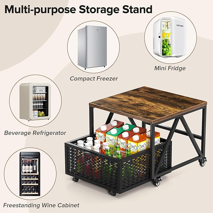 Urban Deco Mini Fridge Stand with Storage,Heavy Duty Fridge Cart with Drawer Basket,Mini Refrigerator Table for 220LBS,Mobile Fridge Stand with Swivel Wheels for Dorm,Home,Brown(Frame with Wheels)