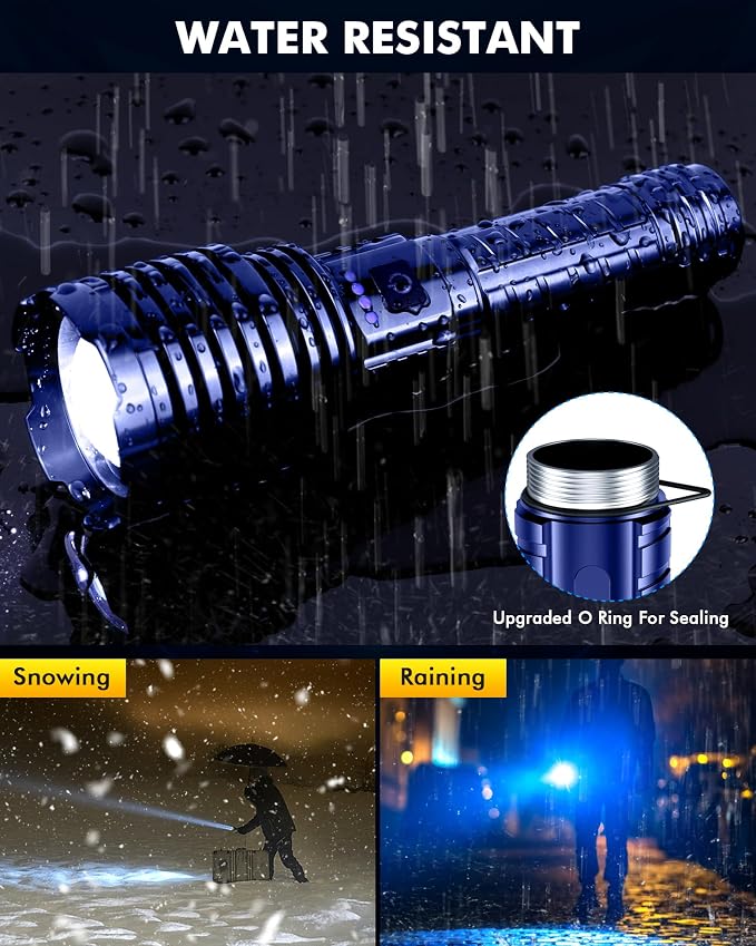 baibian Rechargeable Flashlight 100000 High Lumens, Super Bright Flashlights High Powered, Handheld Waterproof Tactical LED Flashlight-Zoomable 5 Modes-31H Runtime for Emergency Camping (Blue)
