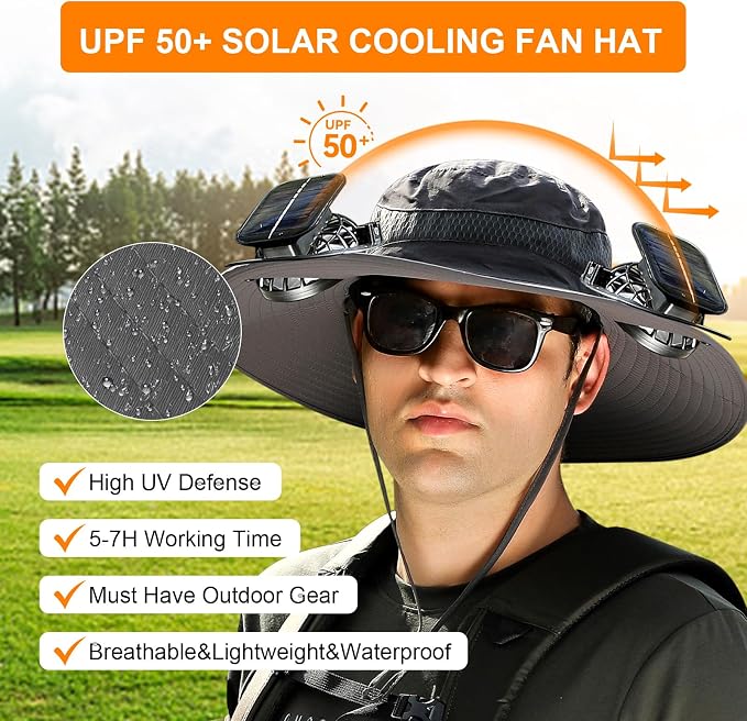 Solar Fan Hat Wide Brim Sun Hat with 2 Solar Fan, Solar Powered & USB Charging Hat Fishing Hat with Fan for Men