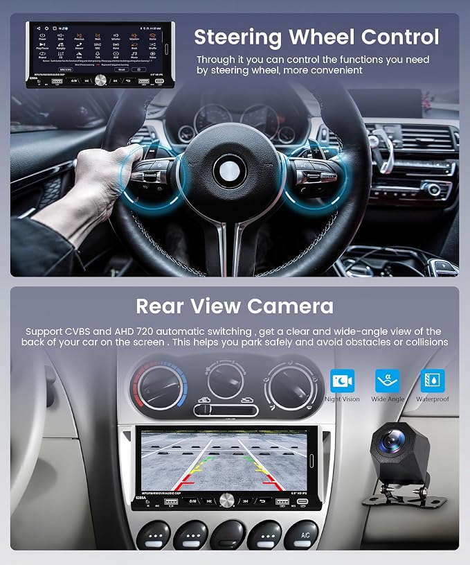 2G+64G Android Single Din Car Radio Stereo, Wireless CarPlay Android Auto, 5G WiFi GPS, 6.9 inch IPS HD Touchscreen Radio, Bluetooth DSP, AHD Backup Camera, FM/RDS SWC, USB Type-C Charging