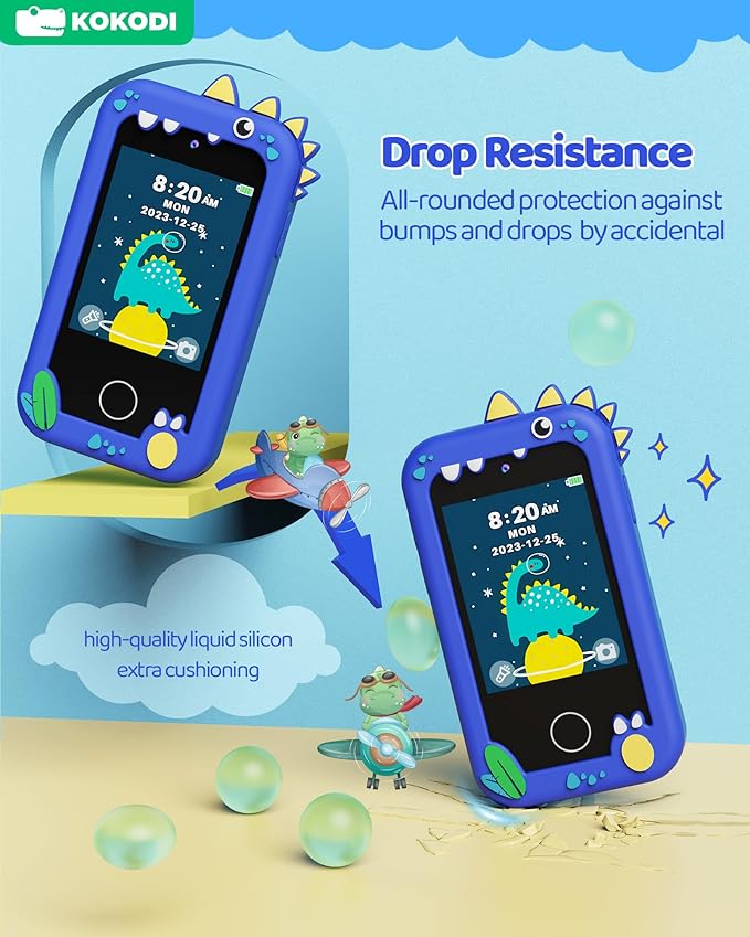 KOKODI Kids Smart Phone Toys, Touchscreen HD Dual Camera Cell Phone for Kids, Birthday Gifts Dinosaur Toddler Play Phone for Boys 3-10, Travel Learning Toy with 8GB SD Card(Navy Blue)