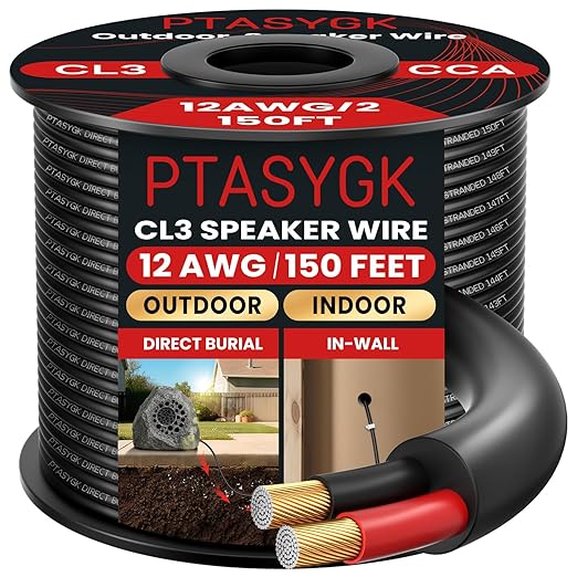12 Gague Outdoor Speaker Wire 150 Feet - 2 Conductor Direct Burial Speaker Cables CL3 CL2 Rated, UV Resistant CCA Cable for Garden, Patio, Pool Audio Systems
