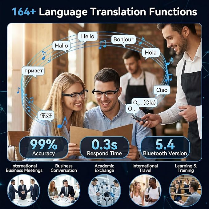 AI Smart Glasses with Camera, 1080P HD POV First-Person View Video Recording and Translator, AI Object Recognition, Bluetooth Audio, 290mAh Battery, Photochromic Lenses for Sports, Travel, Work