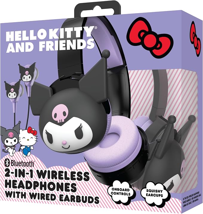 Hello Kitty 2-in-1 Wireless Bluetooth Headphones with Wired Earbuds – Foldable Over-Ear Headset with Built-in Mic, AUX Cable, Adjustable Headband, and Onboard Controls – Kuromi