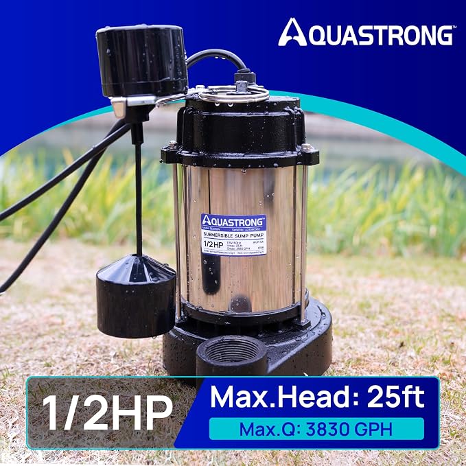Aquastrong Sewage Grinder Pump, Cast Iron Effluent Pump, Auto Float Switch for Basement Sump Basin and Sewage Well, 2 inch Discharge, Gray No Grinder with Piggy-back Plug