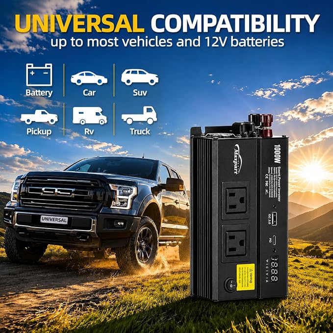 1000W Power Inverter for Car, 12V DC to 110V AC Converter with 3.0A USB Type-C Outlets, 12 Volt Car Cigarette Lighter Battery Inverter for Vehicles