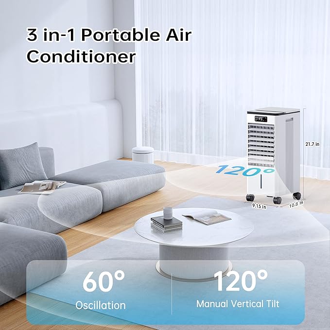 Evaporative Air Cooler, 4-IN-1 Portable Air Conditioners, Swamp Cooler, 3 Speeds & 4 Modes, 2-Gal Tank for Cooling, 16 FT/S Remote Control, Windowless Air Conditioners for Indoors