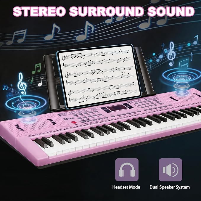 61 Key Electronic Keyboard, Kids Portable Music Keyboard with 100 Tones & Rhythms, Recording & Programming, Gift for Children Early Education Beginners, Pink