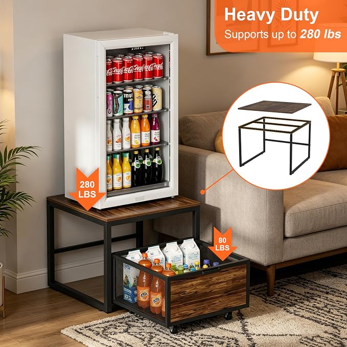 Mini Fridge Stand with Storage, End Table, Heavy Duty Refrigerator Stand with Mobile Drawer Basket for Dorm, Home, Kitchen, Office, Stand for Drinks Refrigerator, Wine Cooler, Water Dispenser