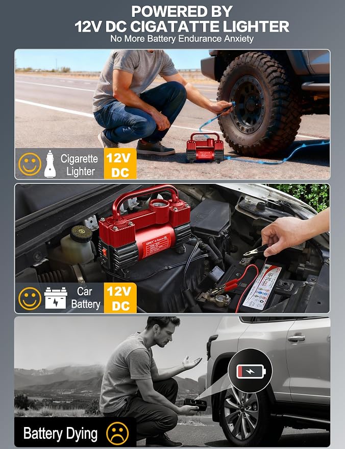 GSPSCN 12V Heavy Duty Tire Inflator Metal Portable Air Compressor Pump | 6X Faster Inflation Dual Cylinders 150PSI Air Pump with Adapter for Car, RV,Pickup Truck, SUV, Van,Camper, Air Bed,Ball
