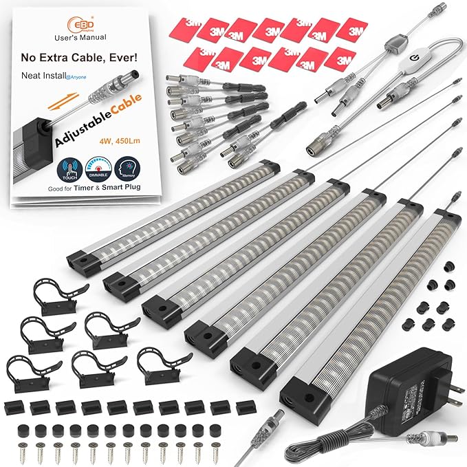 EBD Under Cabinet Lighting Plug in or Hardwired, 6 Pcs 12 Inch, No Messy Wires Built-in Adjustable Cable LED Light 6500K 2700Lm, 5 Cables Y Splitter Neat Counter Lights for Kitchen Shelf Home Office