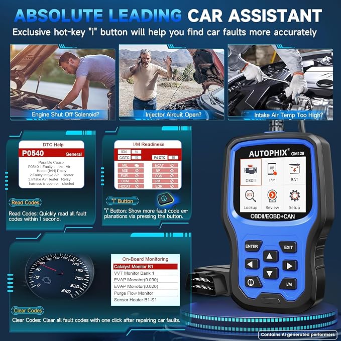 AUTOPHIX OM129P OBD2 Scanner, Check Engine Light Code Reader with Live Data, Car Scanner, Pass Smog Test and 12V Battery Test, All OBD2 Function with Code Definition & Lifetime Free Updates