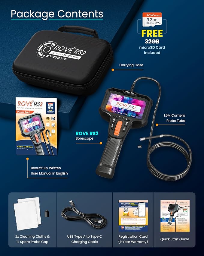 ROVE RS2 Two-Way Articulating Borescope Camera with Light, 1080P Industrial Endoscope Inspection Camera with 180° Articulated Slim 6.2mm Probe, 4.3” IPS Screen, for Wall Automotive, Mechanics, and DIY