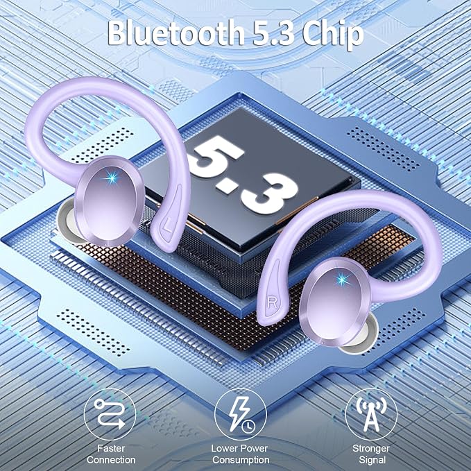 Wireless Earbuds Sport, 2025 Bluetooth 5.3 Headphones Bass Hi-Fi Stereo Over Ear Buds, 48Hrs Noise Cancelling Headset with Earhook, IP7 Waterproof Earphones Workout Running for Laptop Pad Android iOS