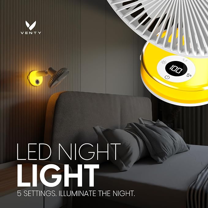 VENTY Portable Clip Fan - Rechargeable 10-Hour Battery Portable Fan - 360° Rotation & 90° Tilt - Stroller Fan, Desk Fan or Bedside Fan - Aromatherapy & LED Light - USB-C Cable & Carrying Pouch