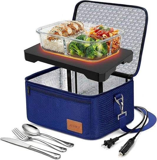FORABEST Portable Microwave Food Warmer - Electric Lunch Box 80W with Insulated Bag and Utensils - 12V/24V Car/Truck & 110/220V Home/Office Use - Fits up to 10 x 7 x 5 Inches Containers - Blue