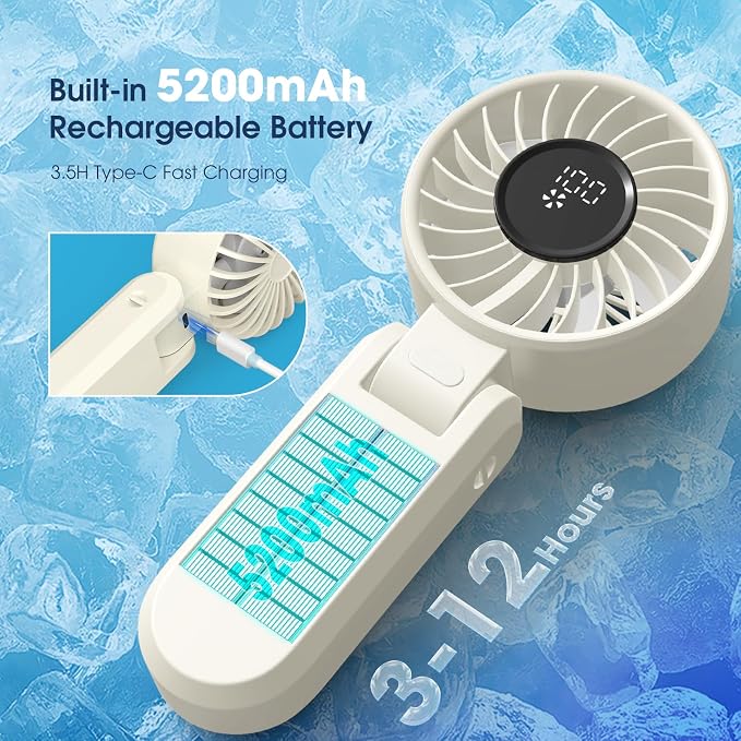【5200mAh】Portable Handheld Fans for Travel, High-Speed Motor, Rechargeable Hand Held Fan, 5 Speed,180°Foldable, Small Personal Fan,4-IN-1 Hand/Desk/Waist/Neck Fans,Summer Beach Travel Essentials