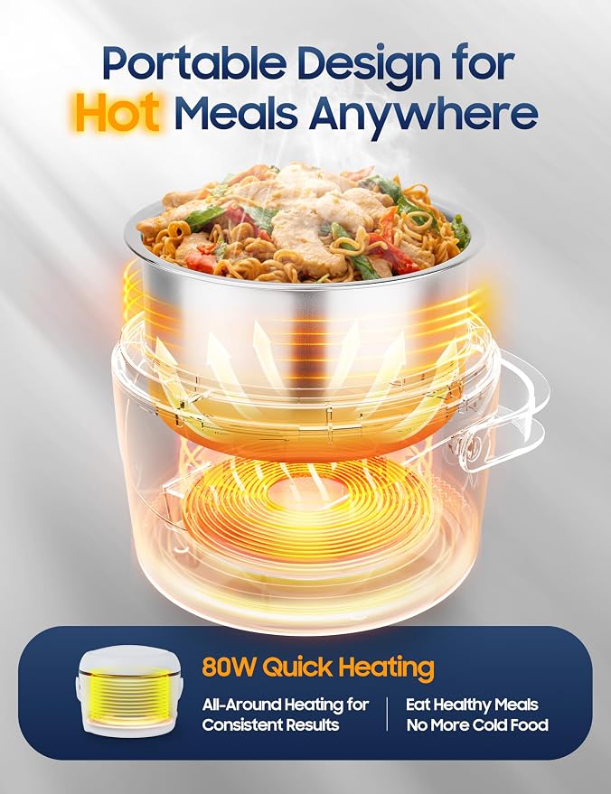 Electric Lunch Box, 37oz Portable Food Warmer with 12V/24V Car & 120V Home Plugs, Spill-Proof, BPA-Free, Dishwasher-Safe, No Microwave Needed, with Utensil Set & Carry Bag (Arctic White)