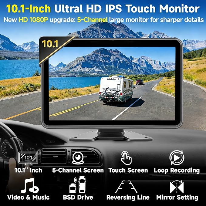 5-Channel Wired Backup Camera System, 10.1" HD Touch Monitor & 1080P Rear Side View Camera, Smart BSD Alert DVR Recording Waterproof IR Night Vision for Truck/RV/Trailer/Tractor/Bus/Heavy Equipment