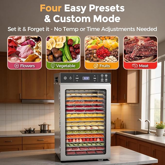 Suteck Food Dehydrator with 16 Stainless Steel Trays, 800W Dehydrator Machine with Dual Fans & 360° Airflow, Digital Temp & Time Control with 4 Presets, Quiet Food Dryer for Jerky, Fruit, Flower, Meat