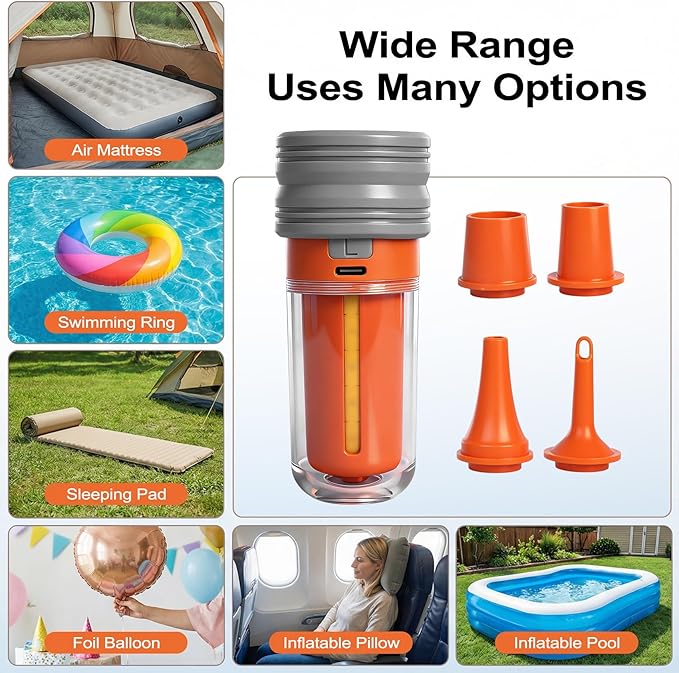 2026 Upgraded Model Portable Air Pump for Inflatables with Camping Light & 2000mAh– Ultra-Fast and 430L/min Mini Electric Air Pump with 5 Nozzles forAir Mattress, Pool Floats, Vacuum Storage Bags