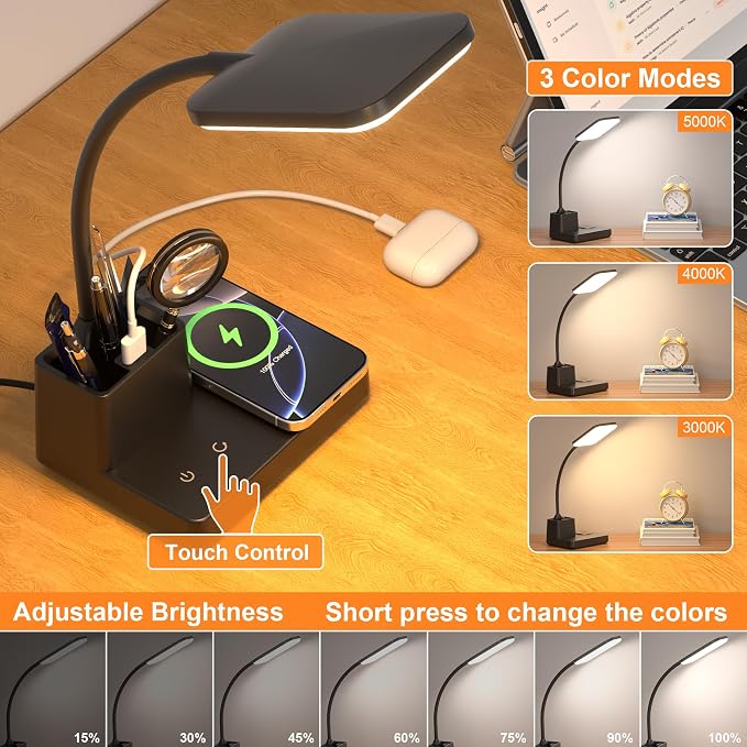 Desk Lamp, Table Lamp with Wireless Charger & USB Port, 800LM CRI95 3 Color Modes Dimmable Touch Flexible Arm Pen Holder, LED Desk Lamps for Home Office, College Dorm Room, Adapter Included