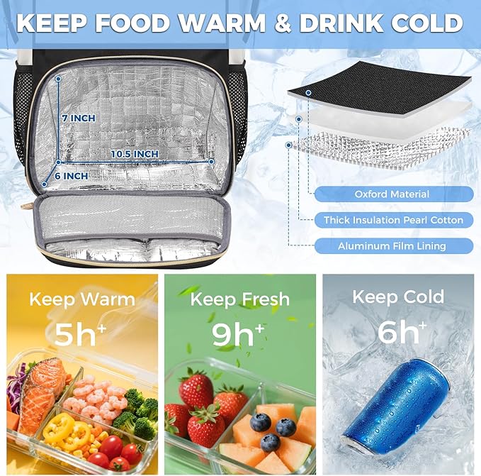 MATEIN Insulated Lunch Backpack for Women, 15.6 Inch Work Laptop Backpack with Lunch Compartment, Water-Resistant College Computer Backpacks Meal Prep Lunch Bag Gifts for Nurse Teacher Office Picnic