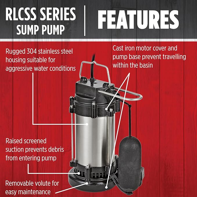 Red Lion RL50CSS 115 Volt, 1/2 HP, 3900 GPH Stainless Steel Sump Pump with Snap-Action Switch, Steel/Black, 14942794