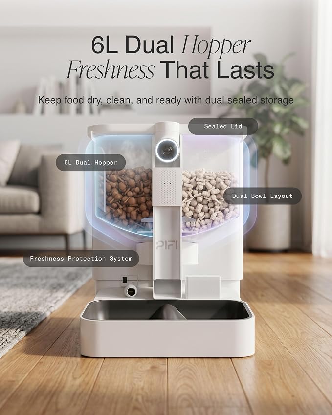 PiFi Automatic Cat Feeder with Camera for 3 Cats & Dogs, 6L Dual Dispenser, AI Recognition, 5GHz and 2.4GHz WiFi App Control, 1080p Dual Cameras, Night Vision, Two-Way Audio