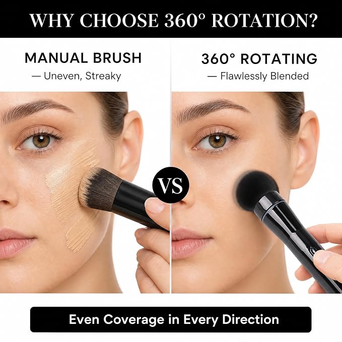 360° Electric Rotating Makeup Brush Set, 5 Vegan Brush Heads, Rechargeable Blending Face Brushes For Foundation, Blush, Powder, Bronzer, Contour, Highlight & Airbrush Finish, Flat Kabuki Brush