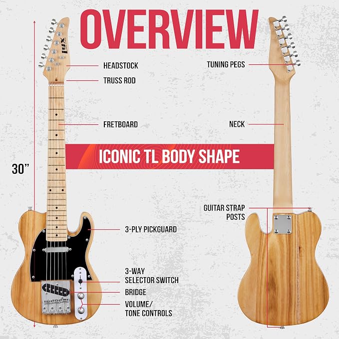 LyxPro 30” Electric Guitar TL Series, Full-Size Paulownia Wood Body, 3-Ply Pickguard, C-Shape Neck, Ashtray Bridge, Quality Gear Tuners, 3-Way Switch & Volume/Tone Controls, 2 Picks Included, Natural