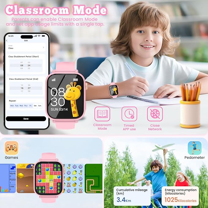 4G Kids Smart Watch GPS Tracker, Smartwatch for Kid with Video Calling, Voice Chat, Class Mode, SOS , Pedometer, Alarm, SIM Card HD Touch Screen Phone Watch Gift for 4-12 Girls Boys (Light Pink)