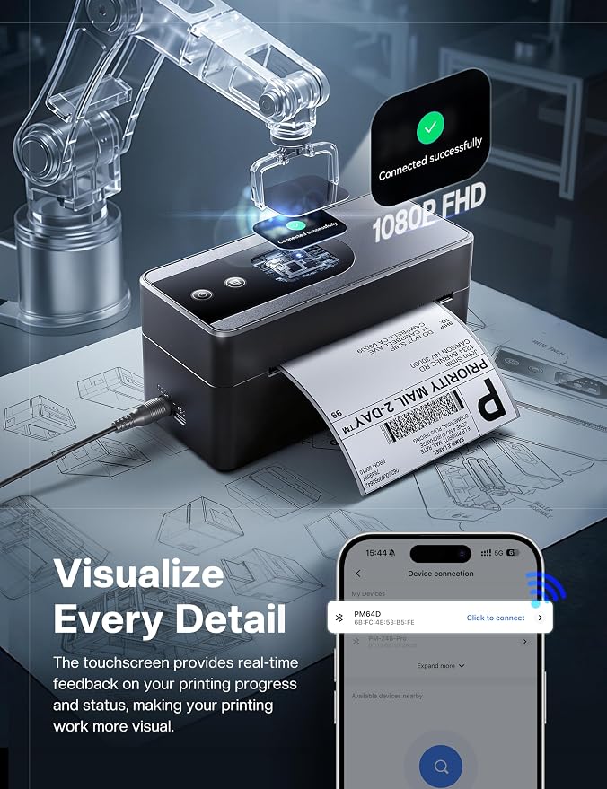 Phomemo Thermal Label Printer Upgraded with Touchable Screen, Shipping Label Printer for Small Business, 4x6 Wireless Thermal Label Printers for Shipping Package, Compatible with Amazon, Shopify, USPS