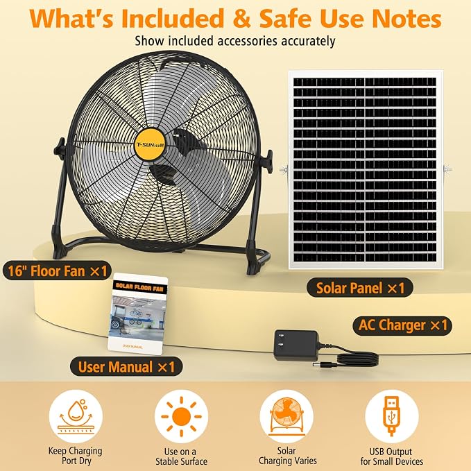 T-SUNiceM 16" Portable Battery Operated Solar Fan for Outdoor Indoor | 15600mAh Rechargeable Battery,25W Motor with Aluminum Blades,3.5H Fast Charging,360° Tilt Design,USB Type-C Output
