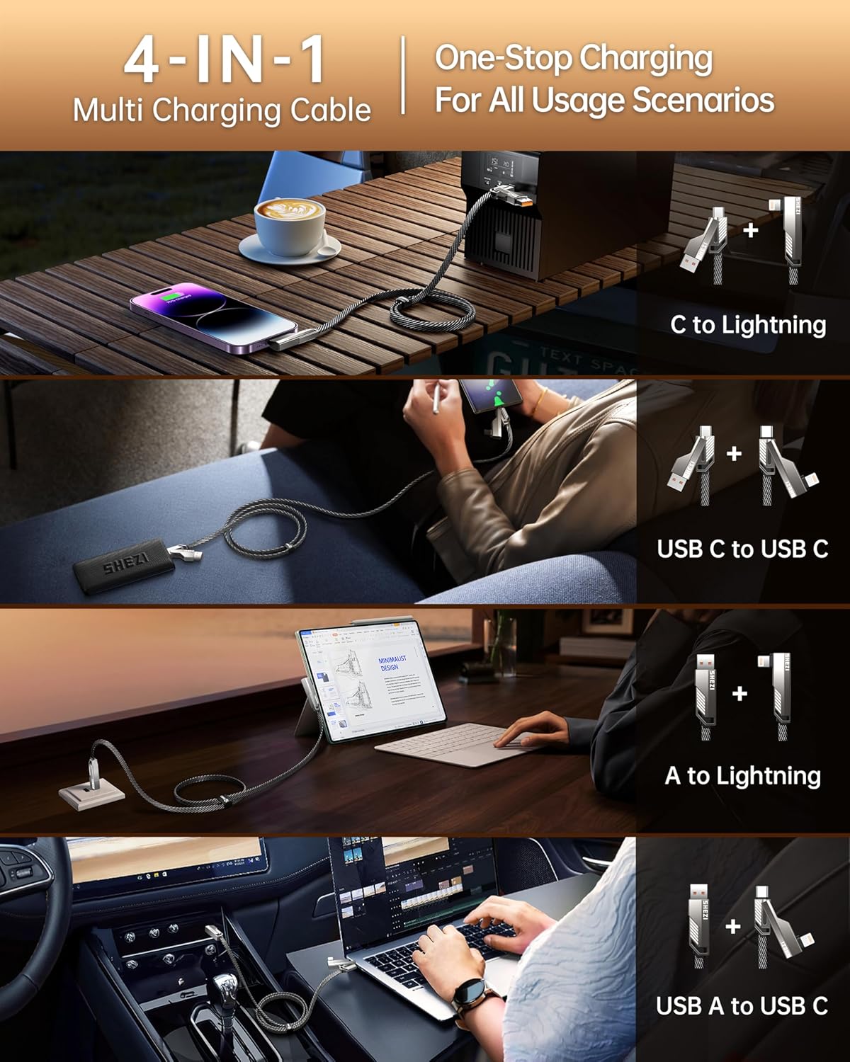 SHEZI 4-in-1 USB C Cable 3FT Compatible with Lightning Cable 90 Degree, [Fast Charging&Data Transfer] Flat Nylon Braided Charger Cord Combo, USB A/C to C/L Multi Charge Cable for iPhone/iPad