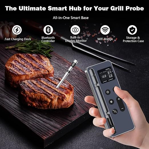 Smart Wireless Meat Thermometer with Display Base – Ultra-Thin Heat-Resistant Probes, Long-Range 10X Signal, WiFi & App Monitoring for BBQ, Grill, Oven, Smoker – iOS & Android