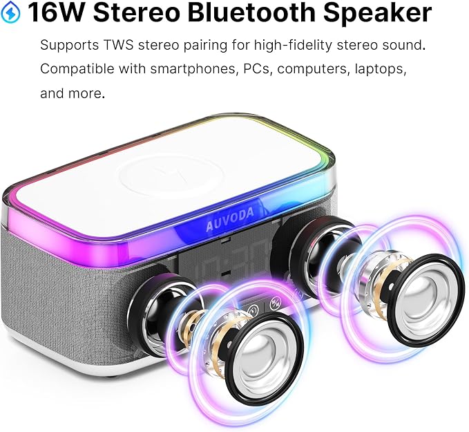 S300 Portable Bluetooth Speaker, 16 W Stereo, BT 5.3, TWS Pairing | 15 W Wireless Charging, 13-Color Night Light, Alarm Clock, TF AUX Inputs, Ideal for PC Smartphone Home Bedroom Office