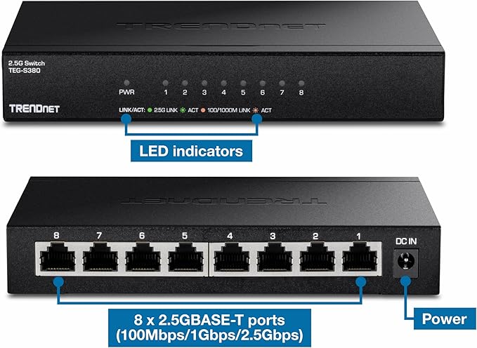 TRENDnet 8-Port 2.5Gb Multi-Gigabit Unmanaged Gaming Switch, TEG-S380, 8 x 2.5GBASE-T Ports, 25Gbps Switching Capacity, Ethernet Splitter, NDAA & TAA Compliant, Fanless, Lifetime Protection, Black