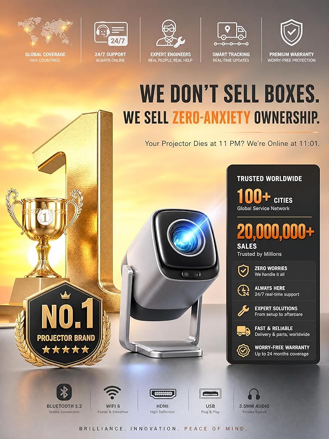 [Compatible with Netflix & TOF Real-time Focus] Mini Projector with WiFi and Bluetooth, XuanPad Silver Smart Projector 4K Support, Dolby Audio & Keystone, 210° Rotatable Stand for Home