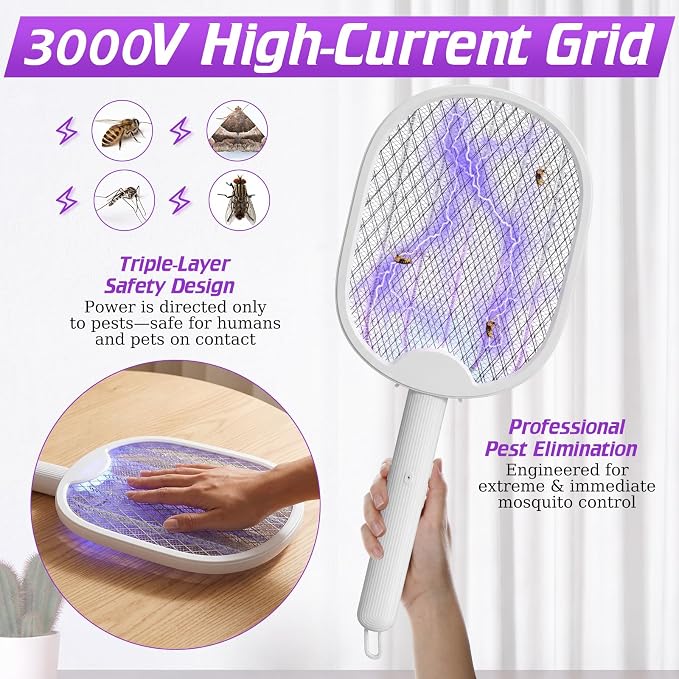 4 Pcs Foldable Electric Fly Swatter 2 in 1 Mosquito Swatter 1200mah Battery Rechargeable Bug Zapper Racket USB Handheld with 3 Layer Safety Mesh for Camping Backyard Patio Travel Home Office